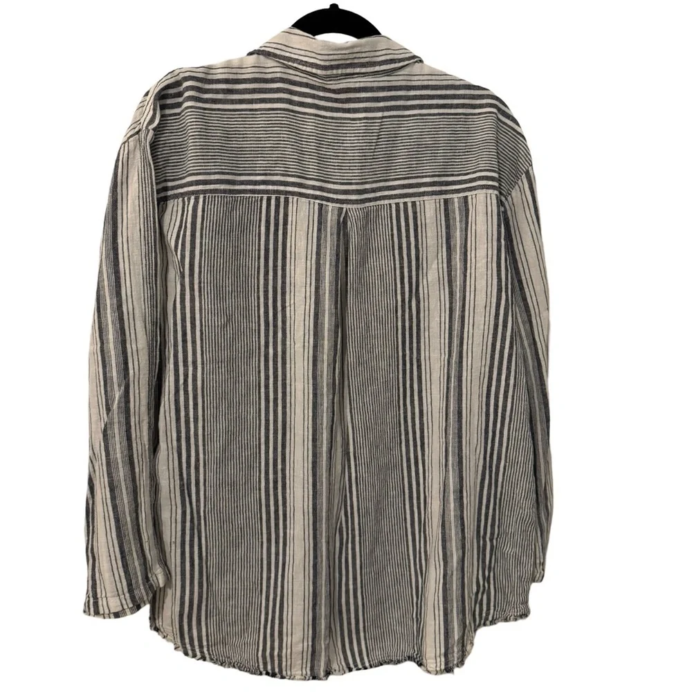 Wonderly Linen/Cotton Collared Denim and White Striped Blouse - Picture 2 of 7